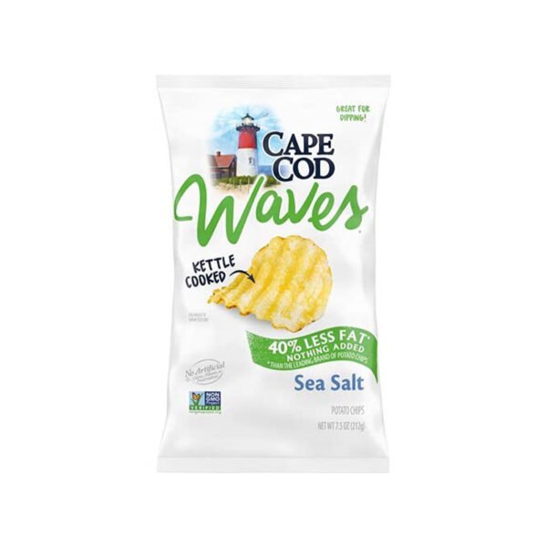 Cape Cod Waves Kettle Cooked Potato Chips, Satisfying All Natural- Great For Dipping (Less Fat with Sea Salt, 4 Bags) 1